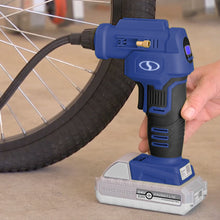 Load image into Gallery viewer, Sun Joe 24V-AJC-LTE-SJB-RM 24-Volt iON+ Cordless Portable Air Compressor Kit with Nozzle Adapters, Automatic Digital Pressure Gauge, Built-in LED Light & Case, and 2.0-Ah Battery and Charger (Blue) (Certified Refurbished)