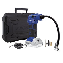 Load image into Gallery viewer, Sun Joe 24V-AJC-LTE-SJB-RM 24-Volt iON+ Cordless Portable Air Compressor Kit with Nozzle Adapters, Automatic Digital Pressure Gauge, Built-in LED Light & Case, and 2.0-Ah Battery and Charger (Blue) (Certified Refurbished)