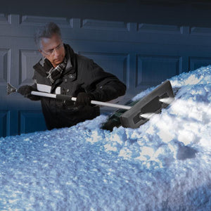 Snow Joe SJBLZD-LED-BLK 4-In-1 Telescoping Snow Broom + Ice Scraper | 18-Inch Foam Head | Headlights (Black)