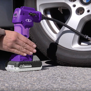 Sun Joe 24V-AJC-LTW-PRP 24-Volt iON+ Cordless Portable Air Comporessor Kit | W/ 1.3-Ah Battery, Charger, Storage Bag, and Nozzle Adapters (Purple)