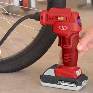 Sun Joe 24V-AJC-LTW-RED 24-Volt iON+ Cordless Portable Air Compressor Kit | W/ 1.3-Ah Battery, Charger, Storage Bag, and Nozzle Adapters (Red)